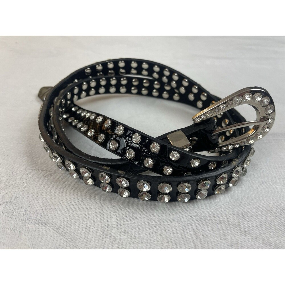 Womens Leather Lined Belt Western Studded Embossed Rhinestone Bling Black XL